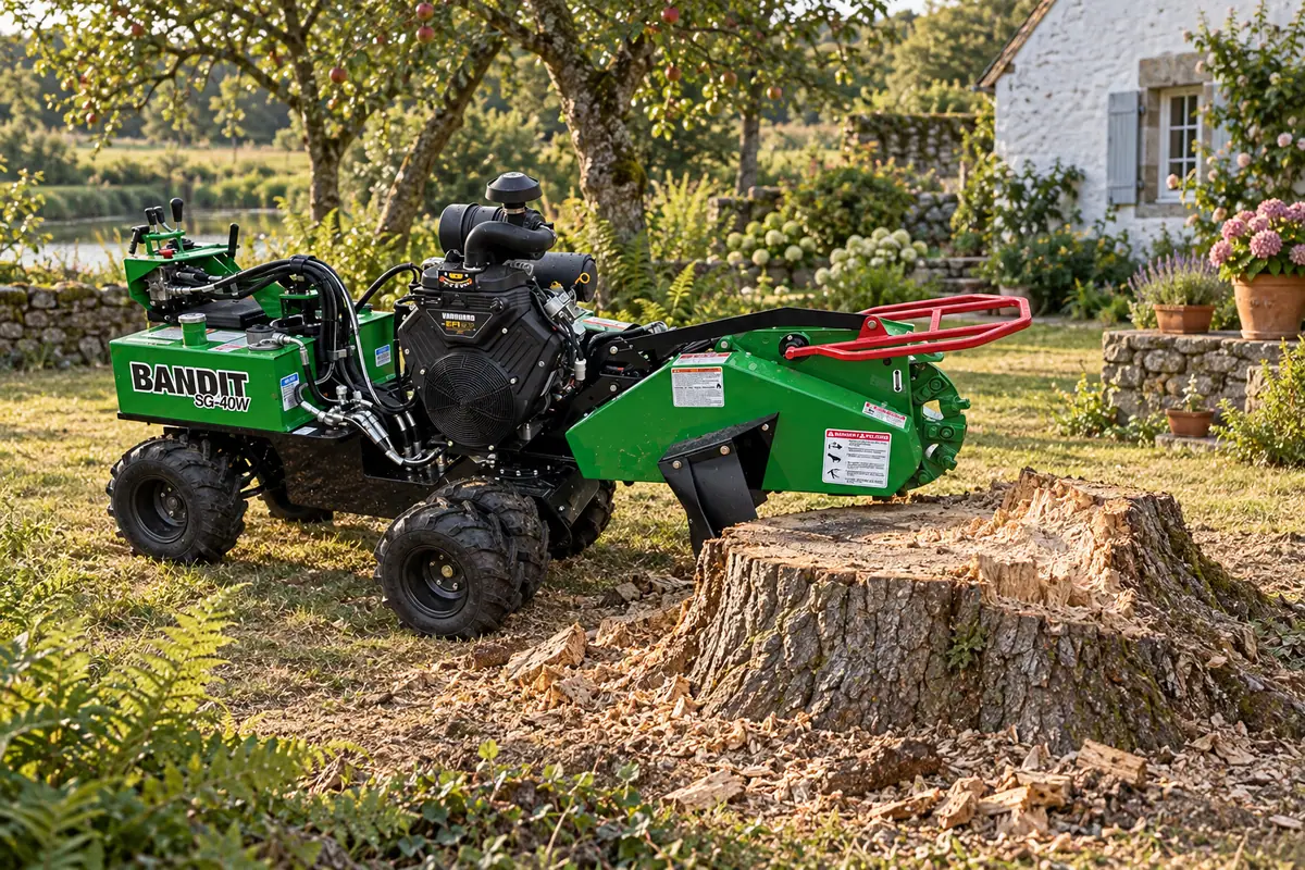 Souche de chêne, espace de travail autour du pied de l’arbre, rogneuse Bandit SG-40W