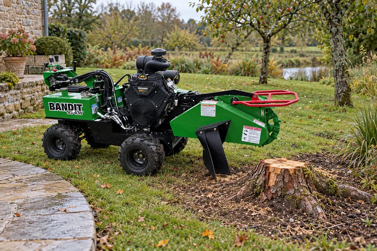 Souche de pin maritime, espace de travail autour du pied de l’arbre, rogneuse Bandit SG-40W