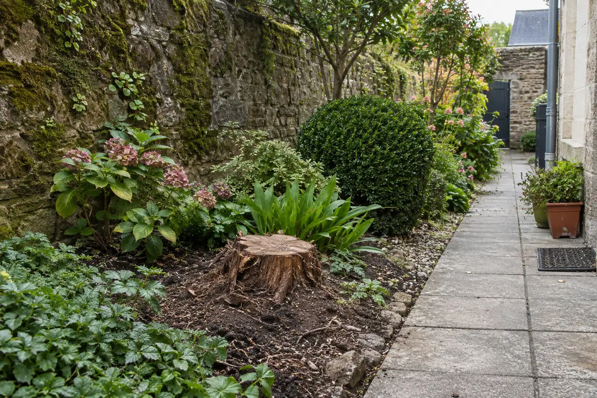 Souche de thuya, jardin délimité par des murs ou une clôture
