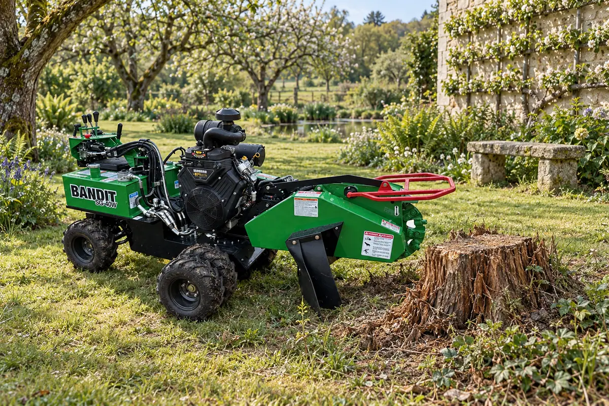 Souche de thuya, espace de travail autour du pied de l’arbre, rogneuse Bandit SG-40W