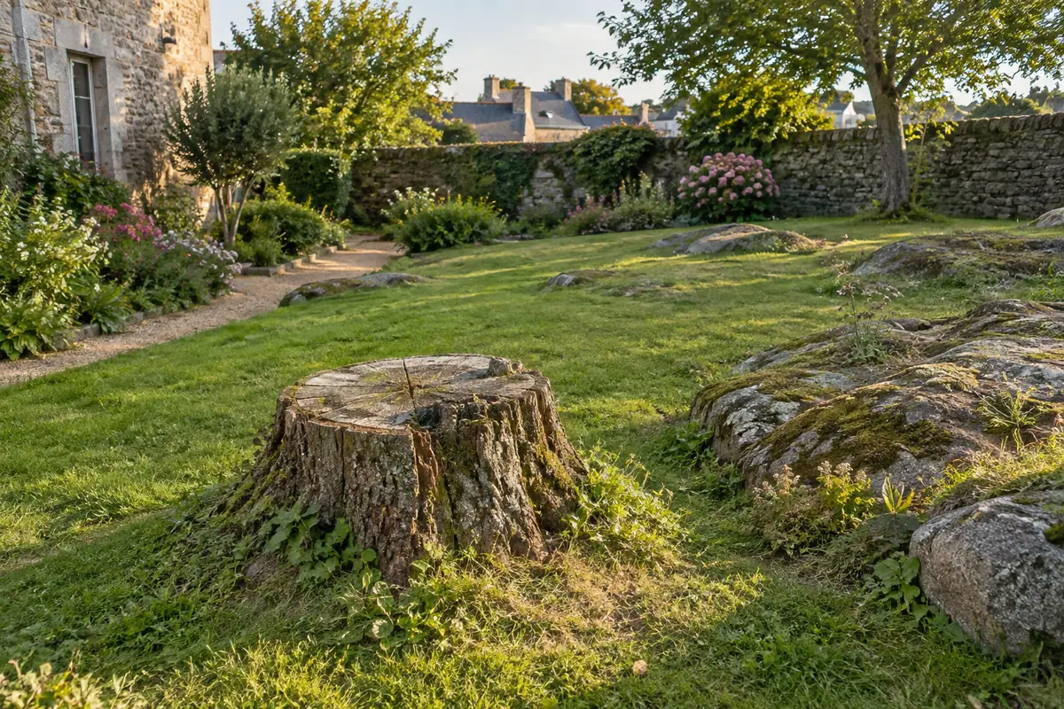 Souche de peuplier, jardin délimité par des murs ou une clôture