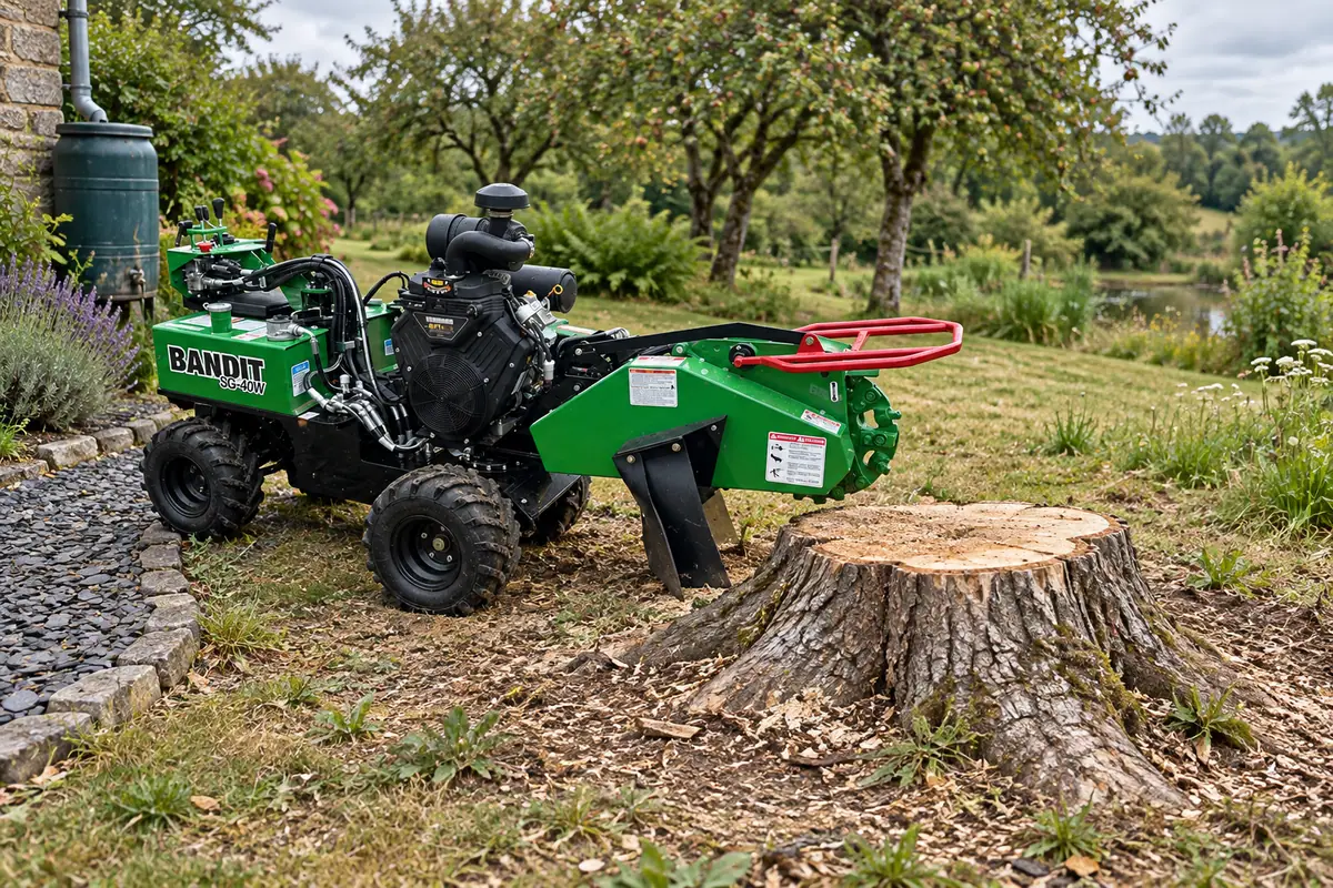 Souche de peuplier, espace de travail autour du pied de l’arbre, rogneuse Bandit SG-40W