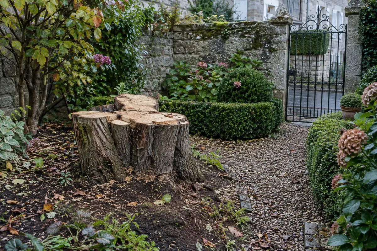 Souche de saule, jardin délimité par des murs ou une clôture