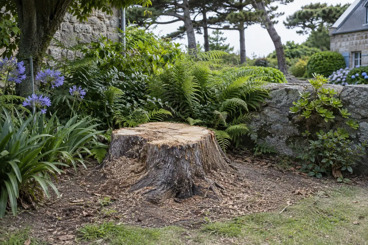 Souche de cyprès, jardin côtier avec un mur en pierre
