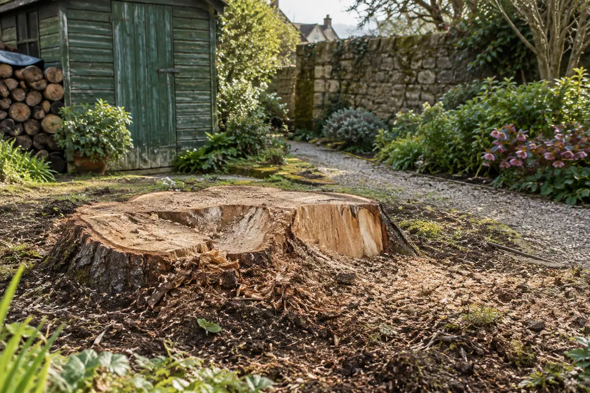 Souche de cyprès, jardin délimité par des murs ou une clôture