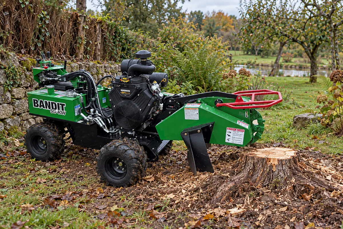Souche de cyprès, espace de travail autour du pied de l’arbre, rogneuse Bandit SG-40W