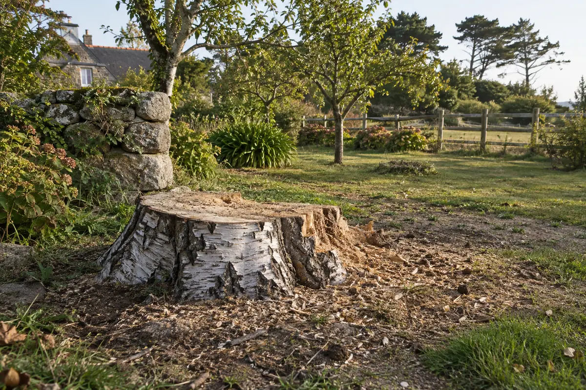Souche de bouleau, jardin côtier avec un mur en pierre
