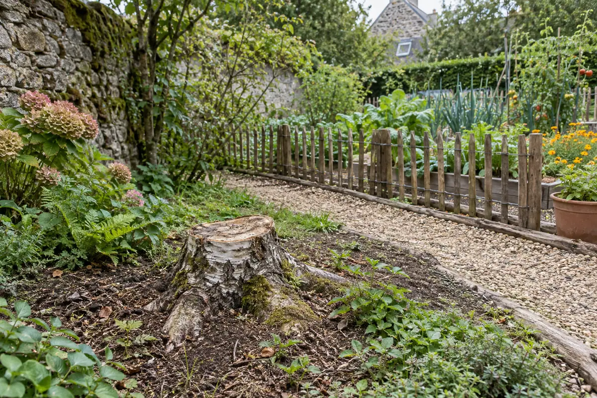 Souche de bouleau, jardin délimité par des murs ou une clôture