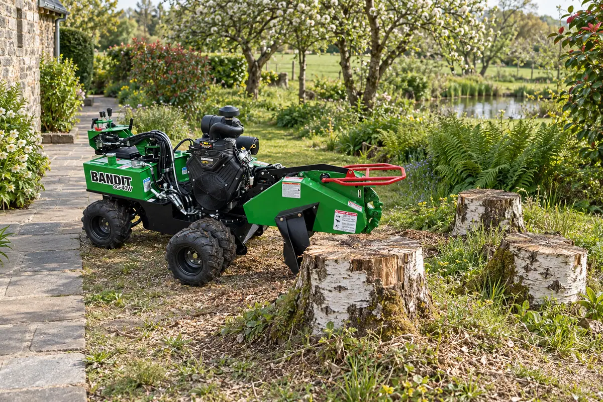 Souche de bouleau, espace de travail autour du pied de l’arbre, rogneuse Bandit SG-40W