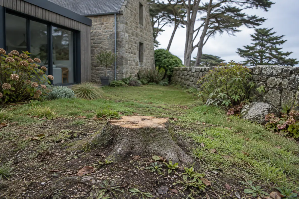 Souche de hêtre, jardin côtier avec un mur en pierre