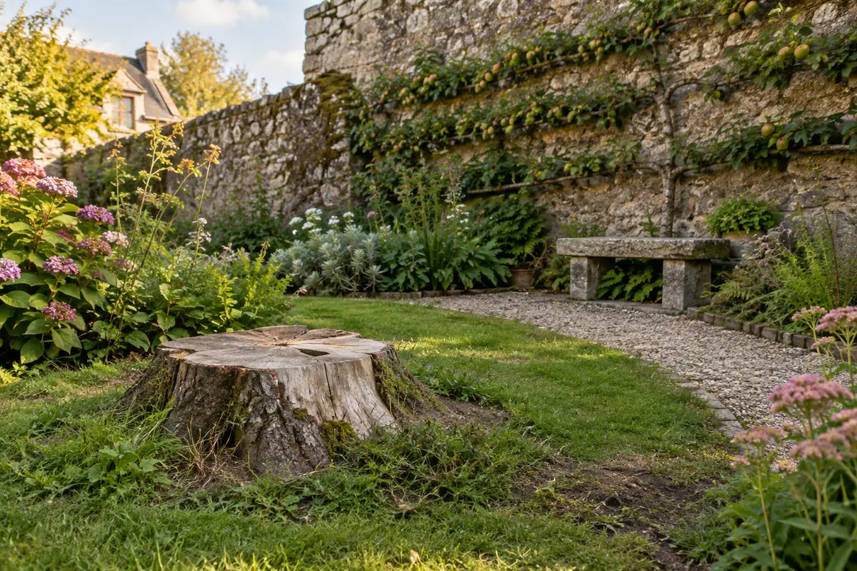 Souche de hêtre, jardin délimité par des murs ou une clôture