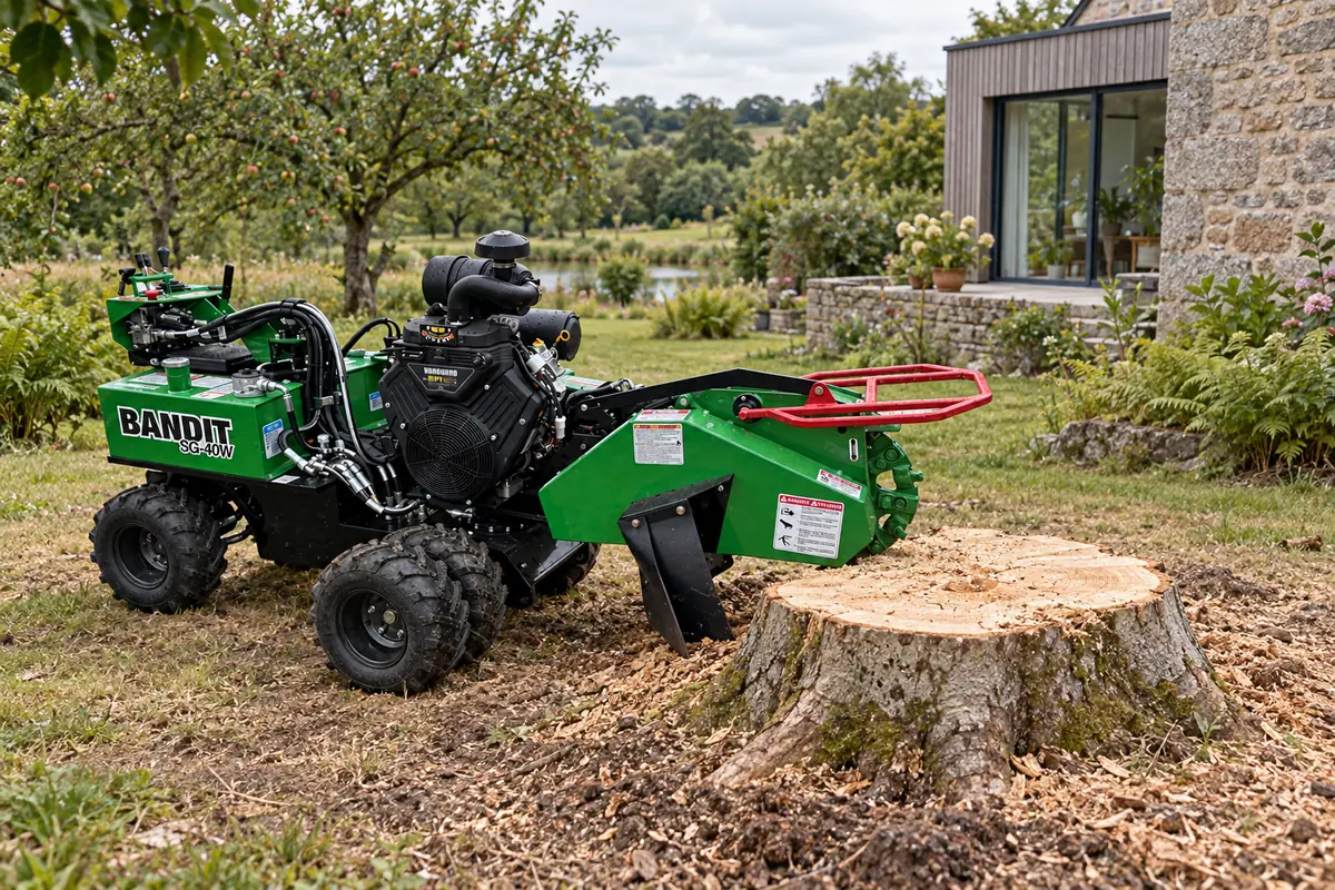 Souche de hêtre, espace de travail autour du pied de l’arbre, rogneuse Bandit SG-40W