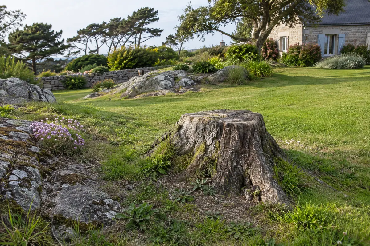 Souche de châtaignier, jardin côtier avec un mur en pierre