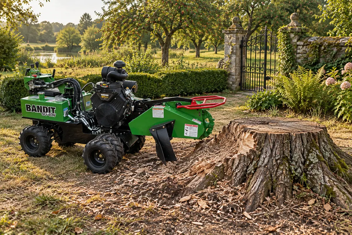 Souche de châtaignier, espace de travail autour du pied de l’arbre, rogneuse Bandit SG-40W
