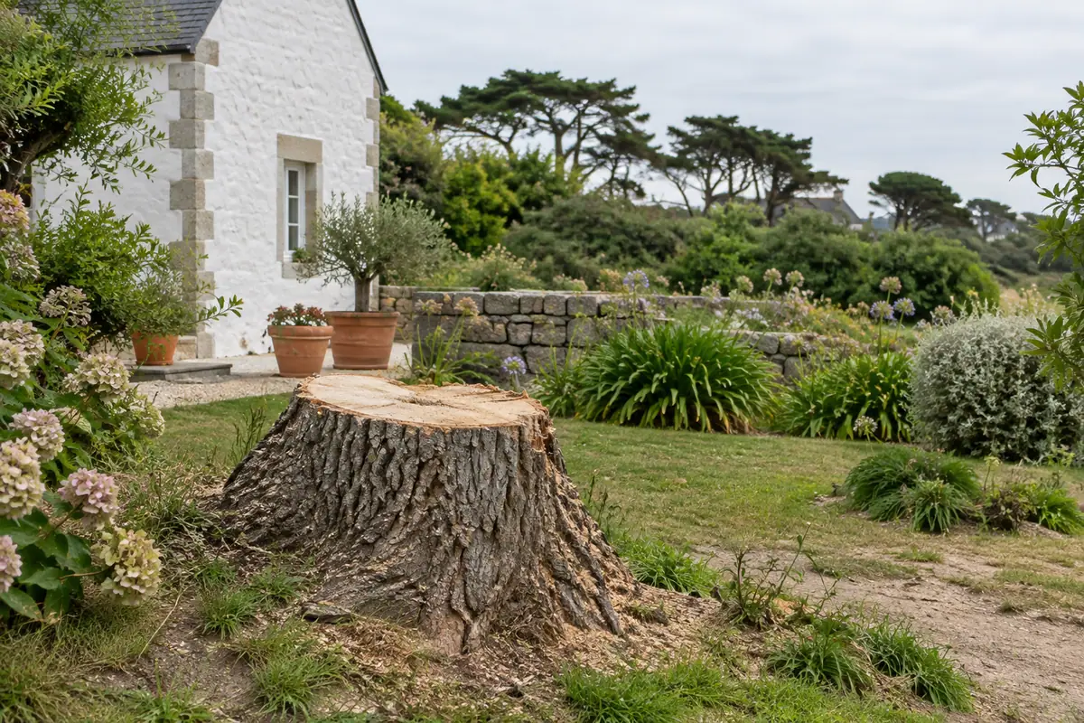 Souche de frêne, jardin côtier avec un mur en pierre
