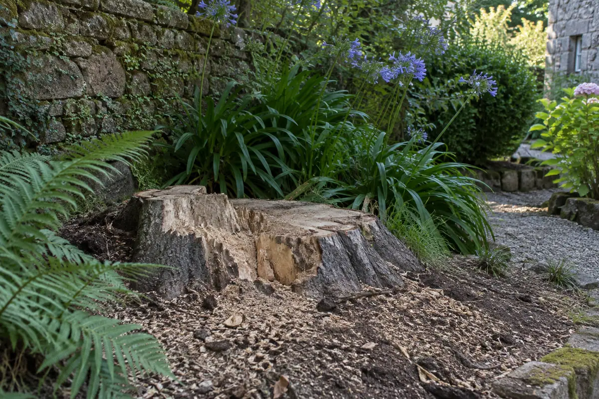 Souche de frêne, jardin délimité par des murs ou une clôture