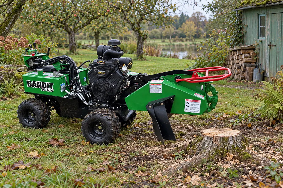 Souche de frêne, espace de travail autour du pied de l’arbre, rogneuse Bandit SG-40W