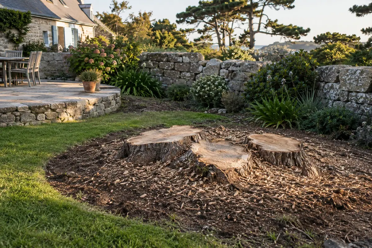 Souche d’érable, jardin côtier avec un mur en pierre