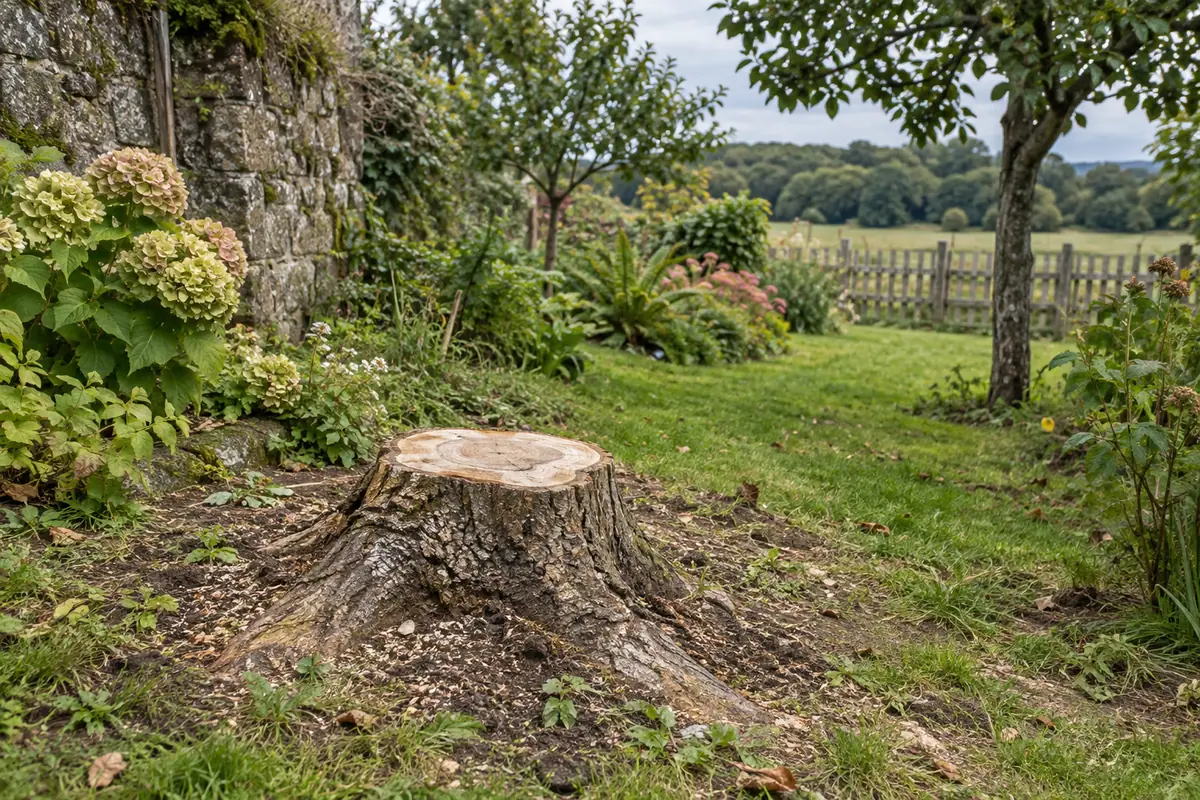 Souche d’érable, jardin délimité par des murs ou une clôture
