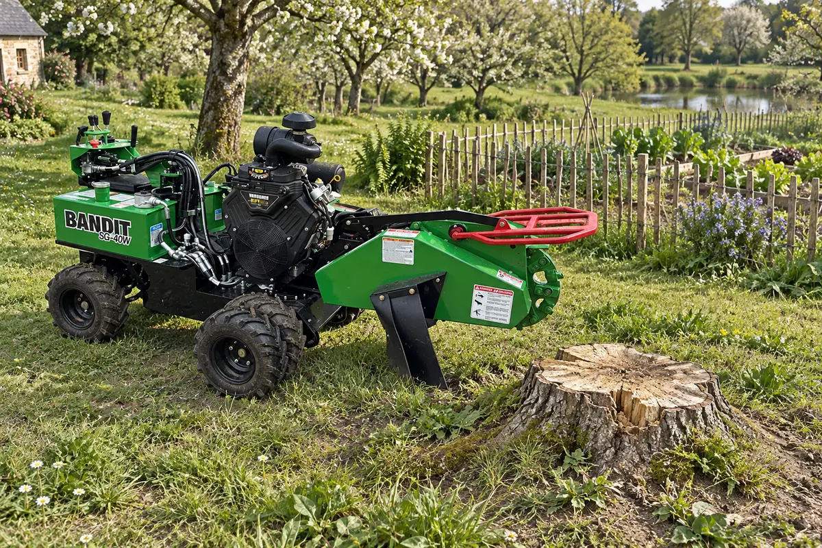 Souche d’érable, espace de travail autour du pied de l’arbre, rogneuse Bandit SG-40W