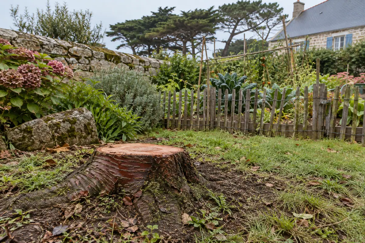 Souche de cerisier, jardin côtier avec un mur en pierre