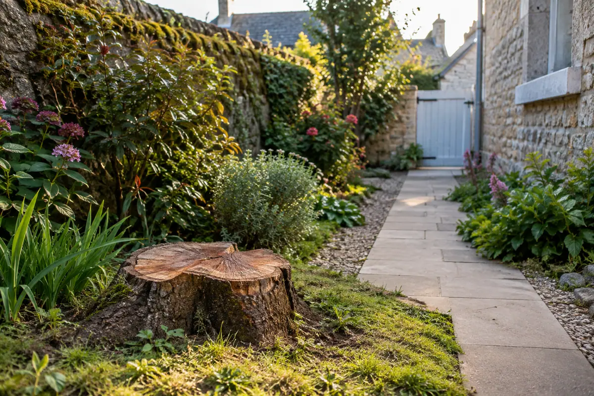 Souche de cerisier, jardin délimité par des murs ou une clôture