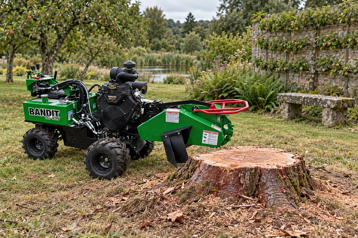 Souche de cerisier, espace de travail autour du pied de l’arbre, rogneuse Bandit SG-40W