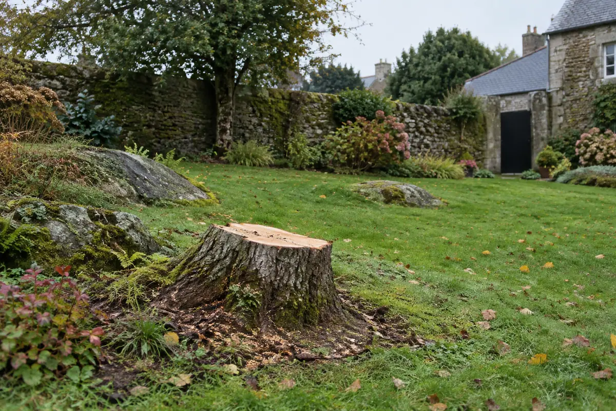 Souche de pommier, jardin délimité par des murs ou une clôture