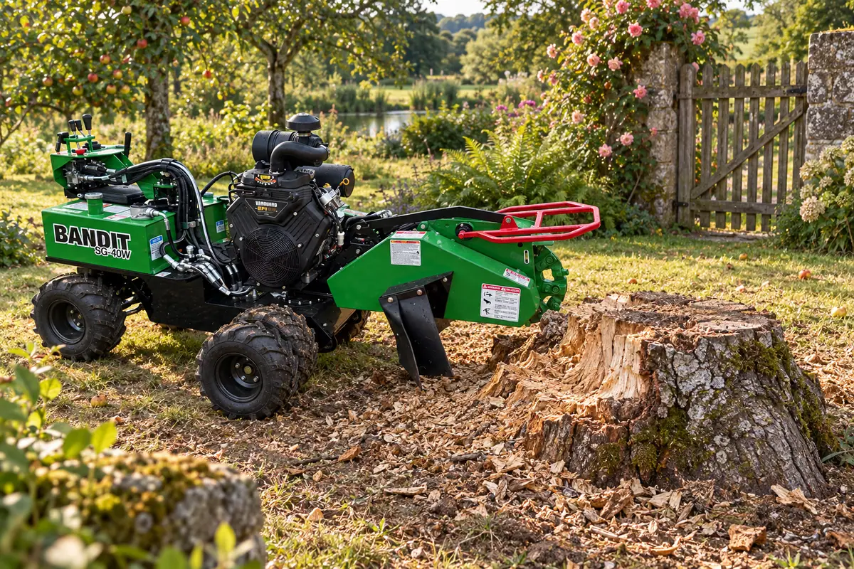 Souche de pommier, espace de travail autour du pied de l’arbre, rogneuse Bandit SG-40W
