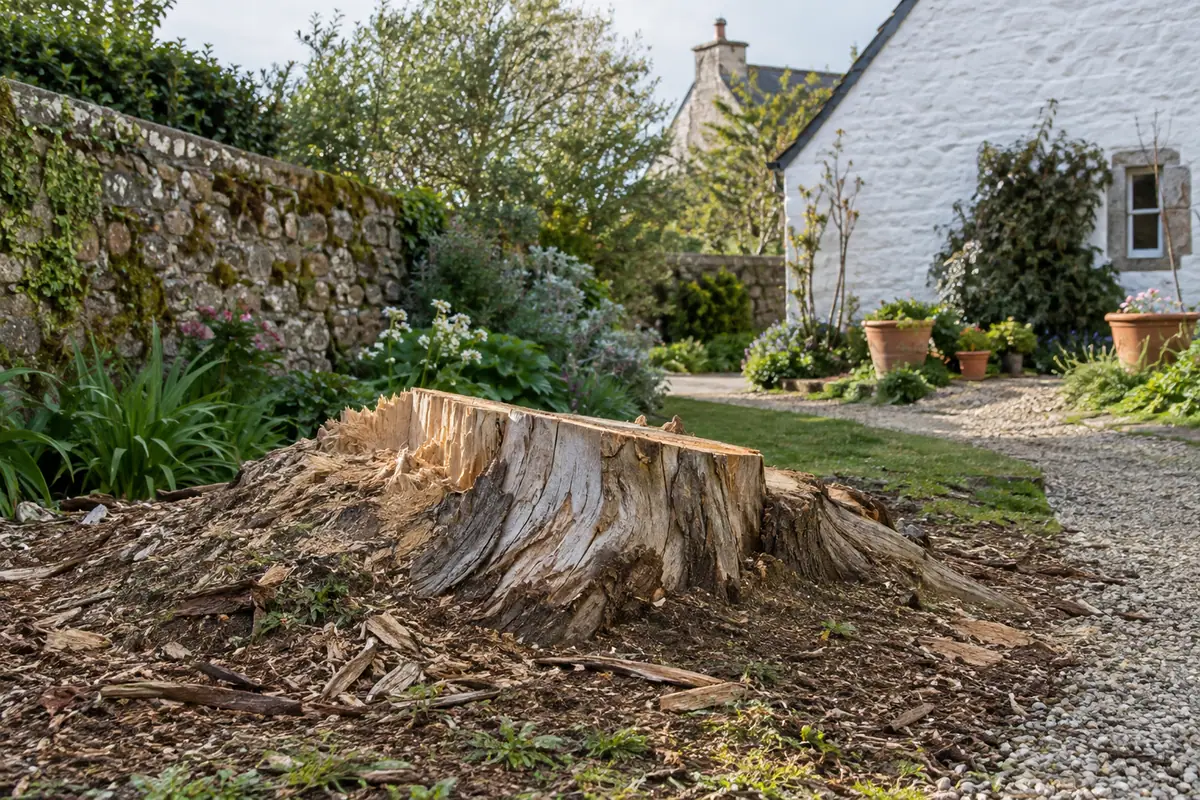 Souche d’eucalyptus, jardin délimité par des murs ou une clôture