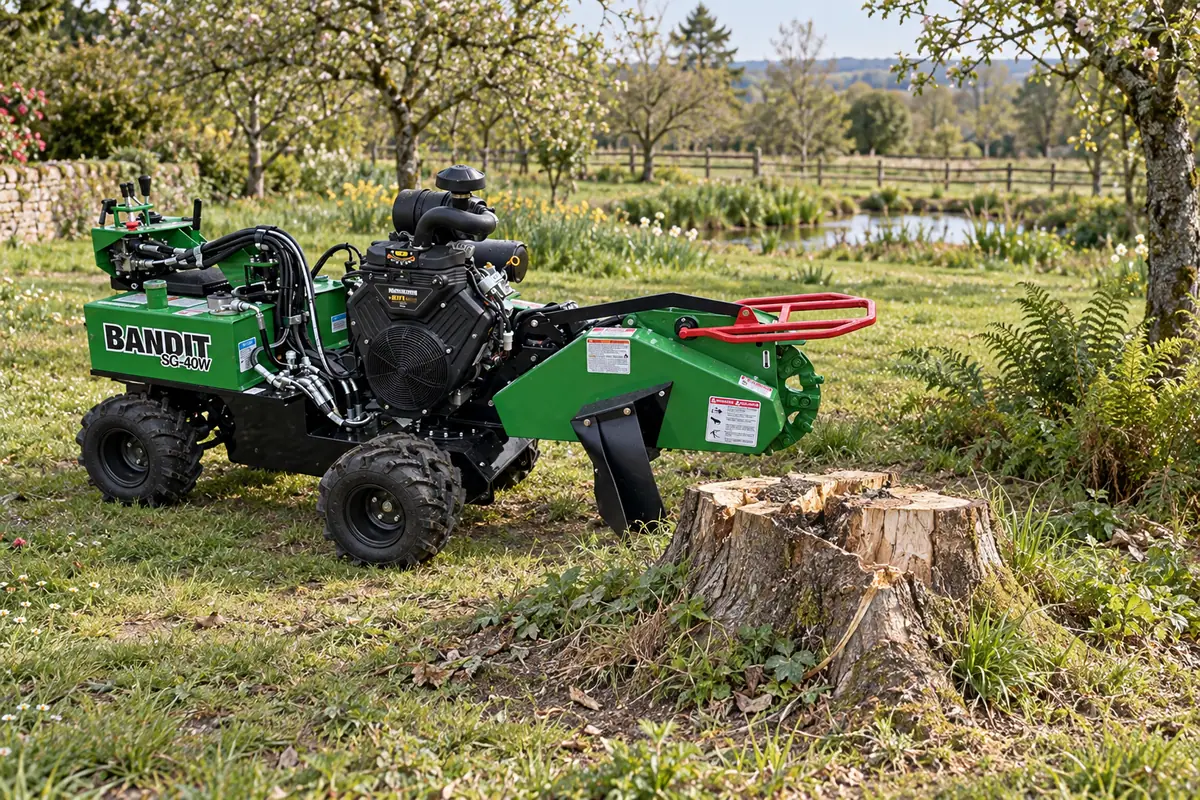 Souche de mimosa, espace de travail autour du pied de l’arbre, rogneuse Bandit SG-40W