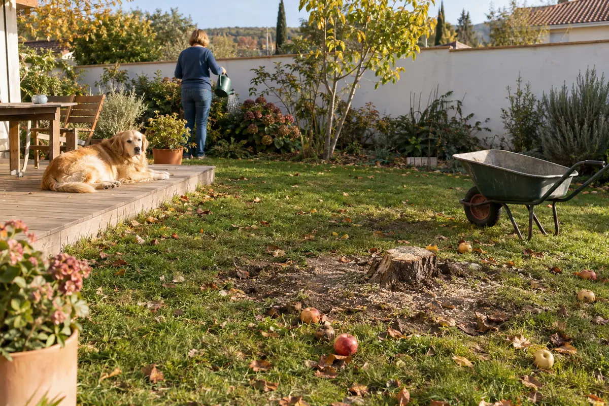 Souche de pommier, jardin délimité par des murs ou une clôture