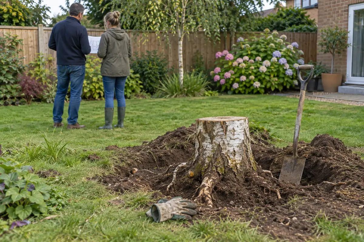 Souche de bouleau, jardin délimité par des murs ou une clôture
